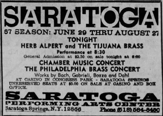 Herb Alpert & the Tijuana Brass / Bill and Boyd @ Saratoga Performing Arts Center (August 21, 1967)